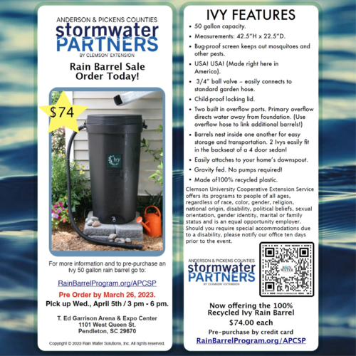 Rain Barrel Sale with Anderson & Pickens Stormwater Partners 